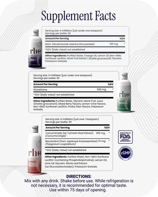 Rho Nutrition - Cellular Health Essentials Bundle – Liquid Liposomal Supplements for Healthy Aging & Cellular Support - NAD+, Curcumin + Resveratrol, & Glutathione (3 Pack)