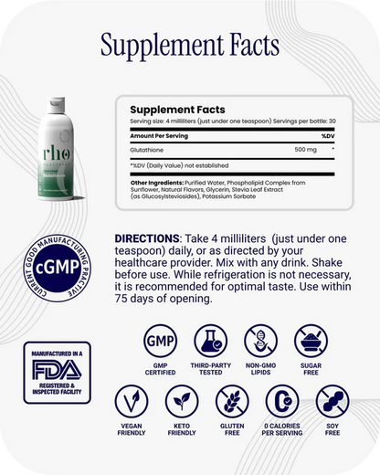 Rho Nutrition Liposomal Glutathione - Ultra High Absorption Liquid Glutathione Supplement - Supports Natural Detoxification, Immune System, Skin Health, Mental Clarity & Overall Well-Being